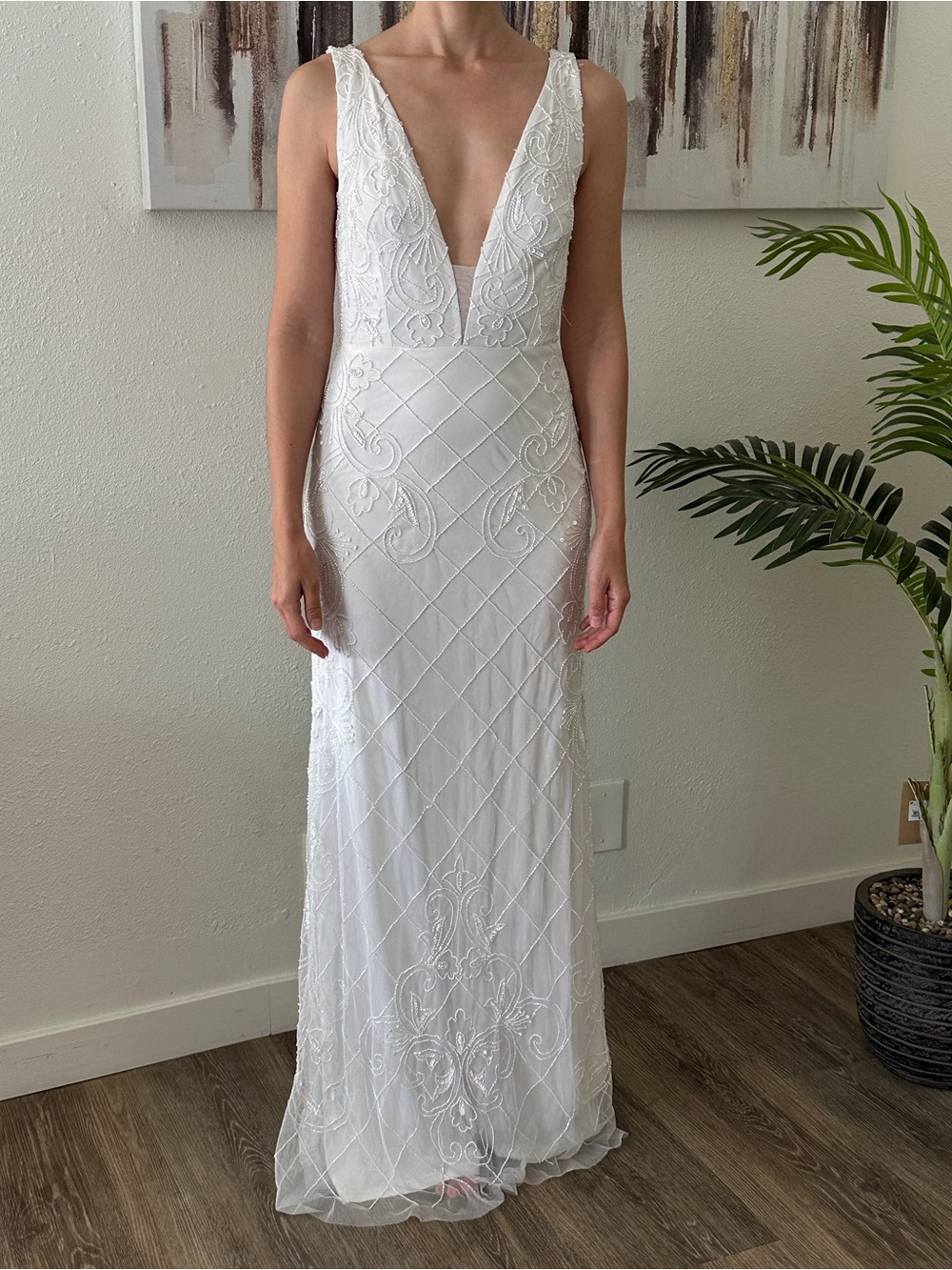 Wedding Dress Beaded Deep V Sheath Dress Size S